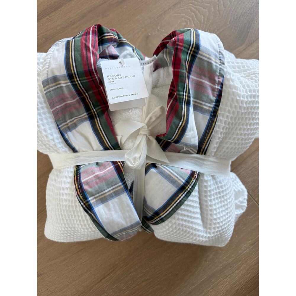 New Pottery Barn Resort Stewart Plaid Waffle Robe Red White Large